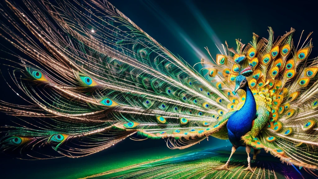 create a hyper realistic image of a beautiful peacock it's feathers should be made of diamonds, background colourful vibrant garden, vibrant flowers,ultra HD 64k hyperrealism studio lightning light reflection