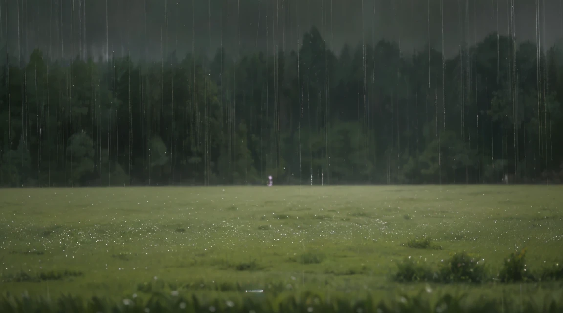 Closeup near the ground of a deep green meadow wet with rain. Lots of rain falling on an empty mirror-like surface, raining all the way down, overcast sky beyond the meadow, rainy landscape, photography, best quality, high quality, Highres:1.4, detail, highly detailed, ambient soft lighting, 4K, background, depth of field,