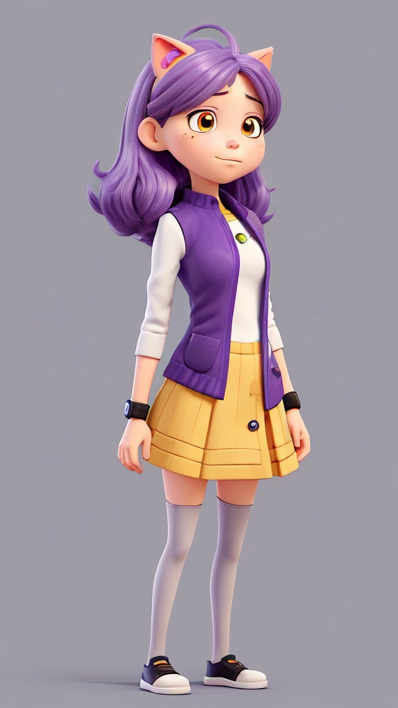 The image is an illustration of a female character in an anime or manga style. El personaje tiene el pelo corto de color rubio claro con dos orejas parecidas a las de un gato en la parte superior de su cabeza, que parecen ser parte de una diadema o accesorio. His eyes are partially closed, con un ojo visible que tiene un iris morado, and has a playful expression with his tongue sticking out.

Lleva un traje que es predominantemente blanco con acentos en negro, amarillo y naranja. El traje tiene un aspecto futurista o de armadura, con un cuello alto y hombreras. Destacadamente, his chest area is exaggeratedly large and emphasized in the drawing, a common stylistic choice in certain anime or manga genres. There are also black straps that appear to be part of gloves or wrist accessories on her arms..

The character is drawn with a focus on the upper part of his body, and the perspective is from a slightly low angle, mirando hacia arriba. El fondo de la imagen es blanco liso, poniendo todo el enfoque en el personaje. El estilo es colorido y detallado, con sombreado que le da al personaje una apariencia tridimensional.
