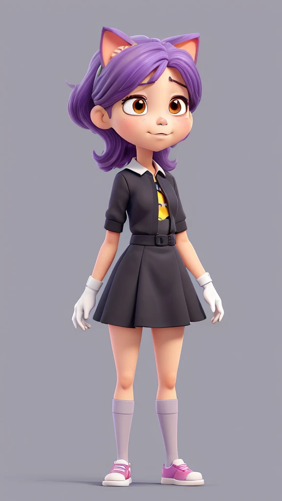 The image is an illustration of a female character in an anime or manga style. El personaje tiene el pelo corto de color rubio claro con dos orejas parecidas a las de un gato en la parte superior de su cabeza, que parecen ser parte de una diadema o accesorio. His eyes are partially closed, con un ojo visible que tiene un iris morado, and has a playful expression with his tongue sticking out.
Lleva un traje que es predominantemente blanco con acentos en negro, amarillo y naranja. El traje tiene un aspecto futurista o de armadura, con un cuello alto y hombreras. Destacadamente, his chest area is exaggeratedly large and emphasized in the drawing, a common stylistic choice in certain anime or manga genres. There are also black straps that appear to be part of gloves or wrist accessories on her arms..
The character is drawn with a focus on the upper part of his body, and the perspective is from a slightly low angle, mirando hacia arriba. El fondo de la imagen es blanco liso, poniendo todo el enfoque en el personaje. El estilo es colorido y detallado, con sombreado que le da al personaje una apariencia tridimensional.