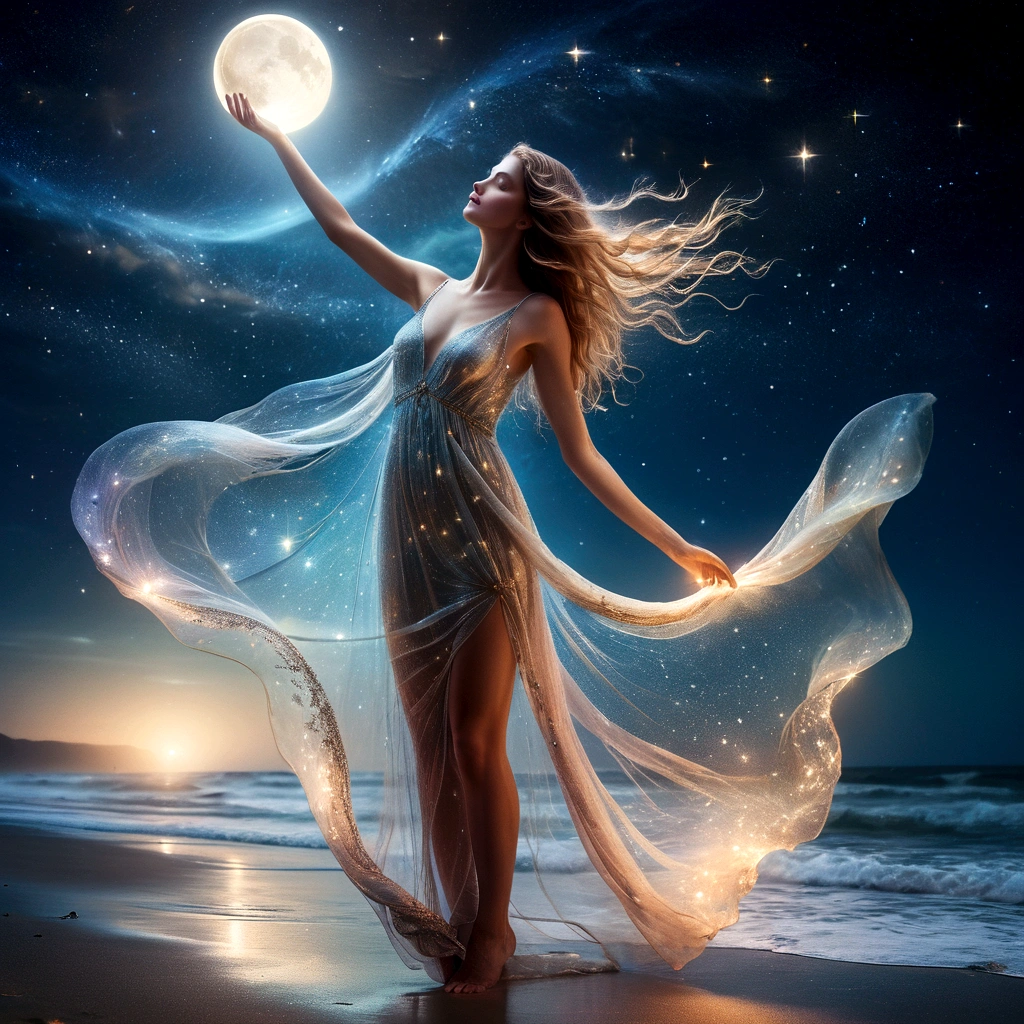A mystical woman with long flowing hair and a translucent flowing dress, holding a glowing moon above her head against a backdrop of a starry night sky and a calm beach with the sun setting on the horizon. She is surrounded by luminescent star-like sparkles, suggesting an ethereal or magical presence. The scene exudes a dreamy and cosmic atmosphere.