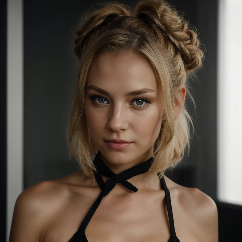 an eye contact of a blond with bun hair and dark theme