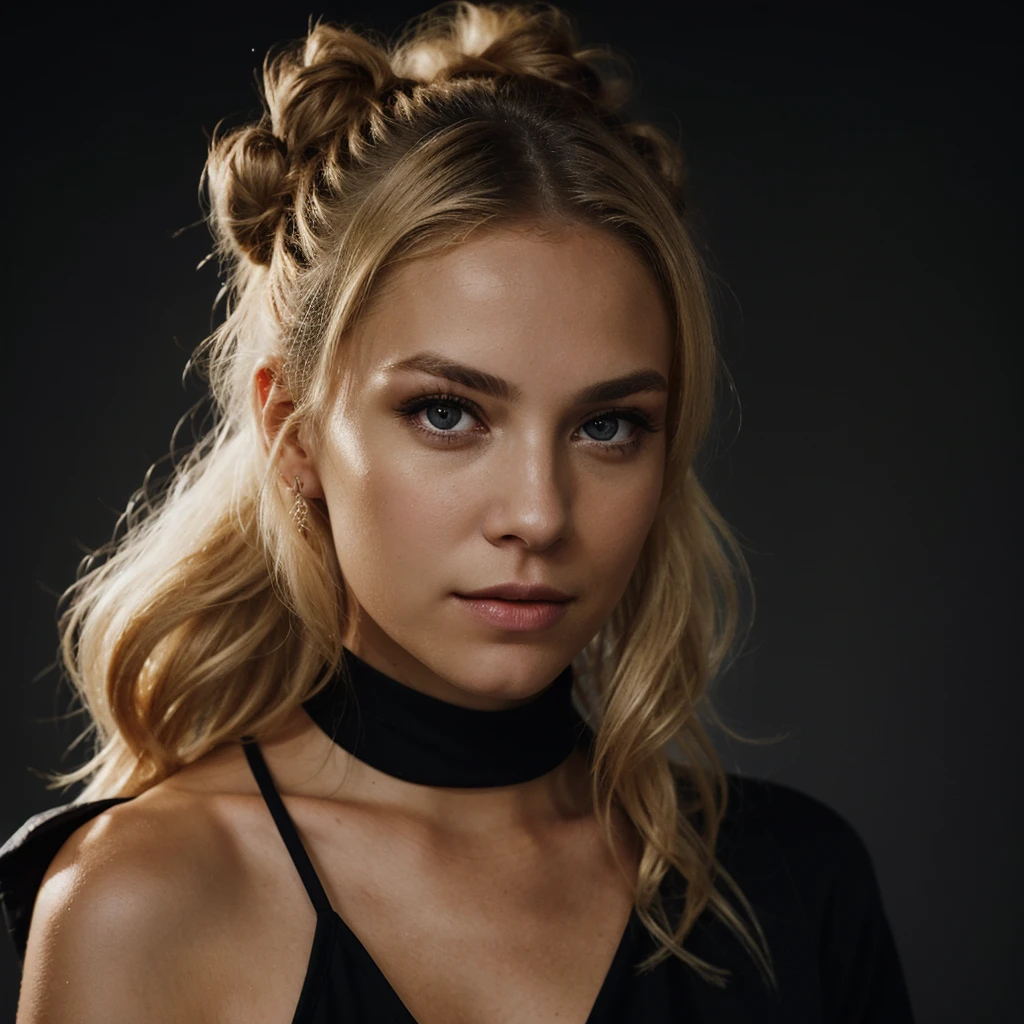 an eye contact of a blond with bun hair and dark theme