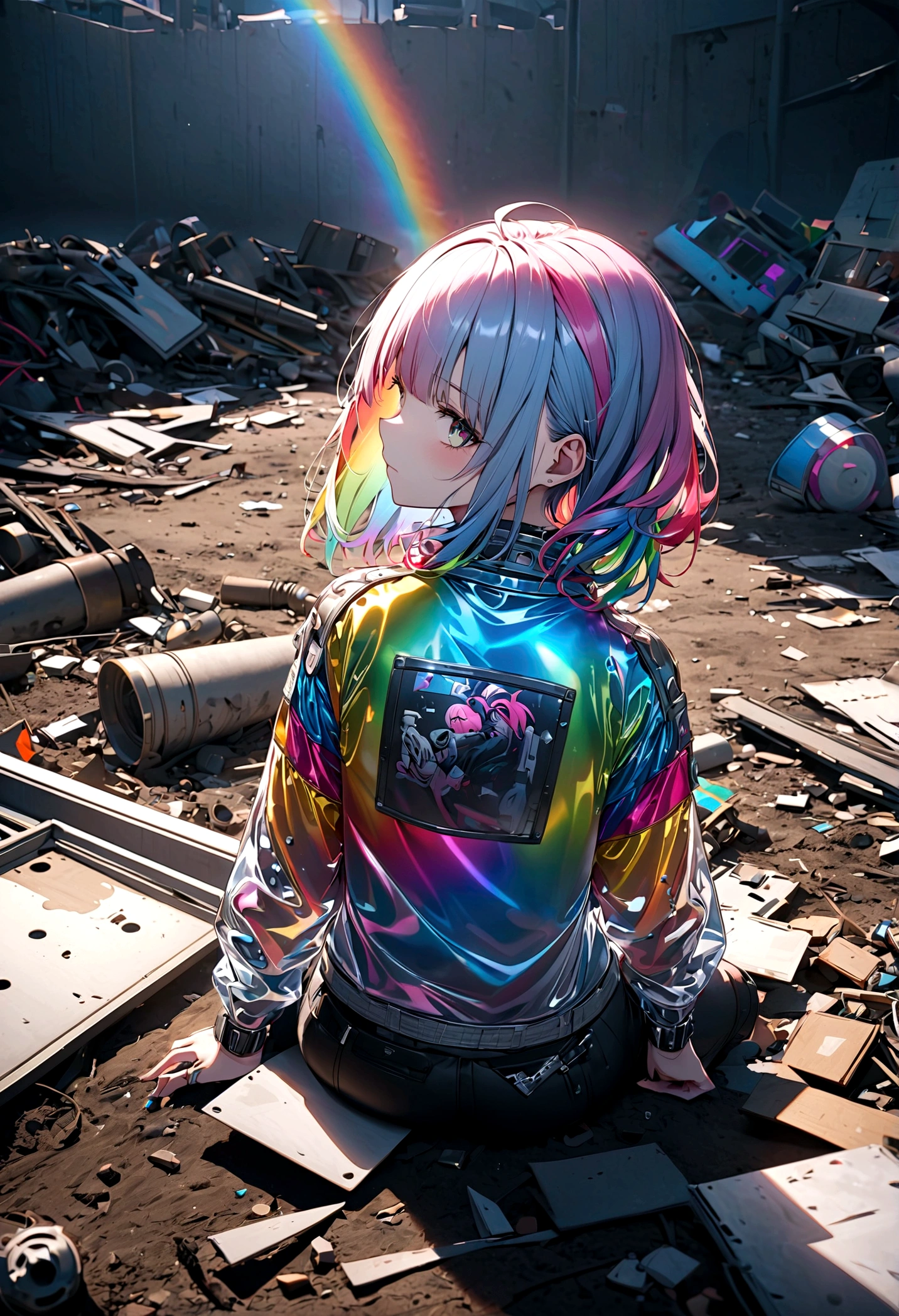 A dilapidated girl robot in a landfill, (Back View), damaged body, scars and holes, lying on the ground, 8K, (dynamic perspective), clear focus, (depth of field, shot: 1.3), super punk scene, movie lighting, reflective transparent rainbow transparent jacket, transparent long rainbow RGB hair, (masterpiece, best quality), from above, upper body,