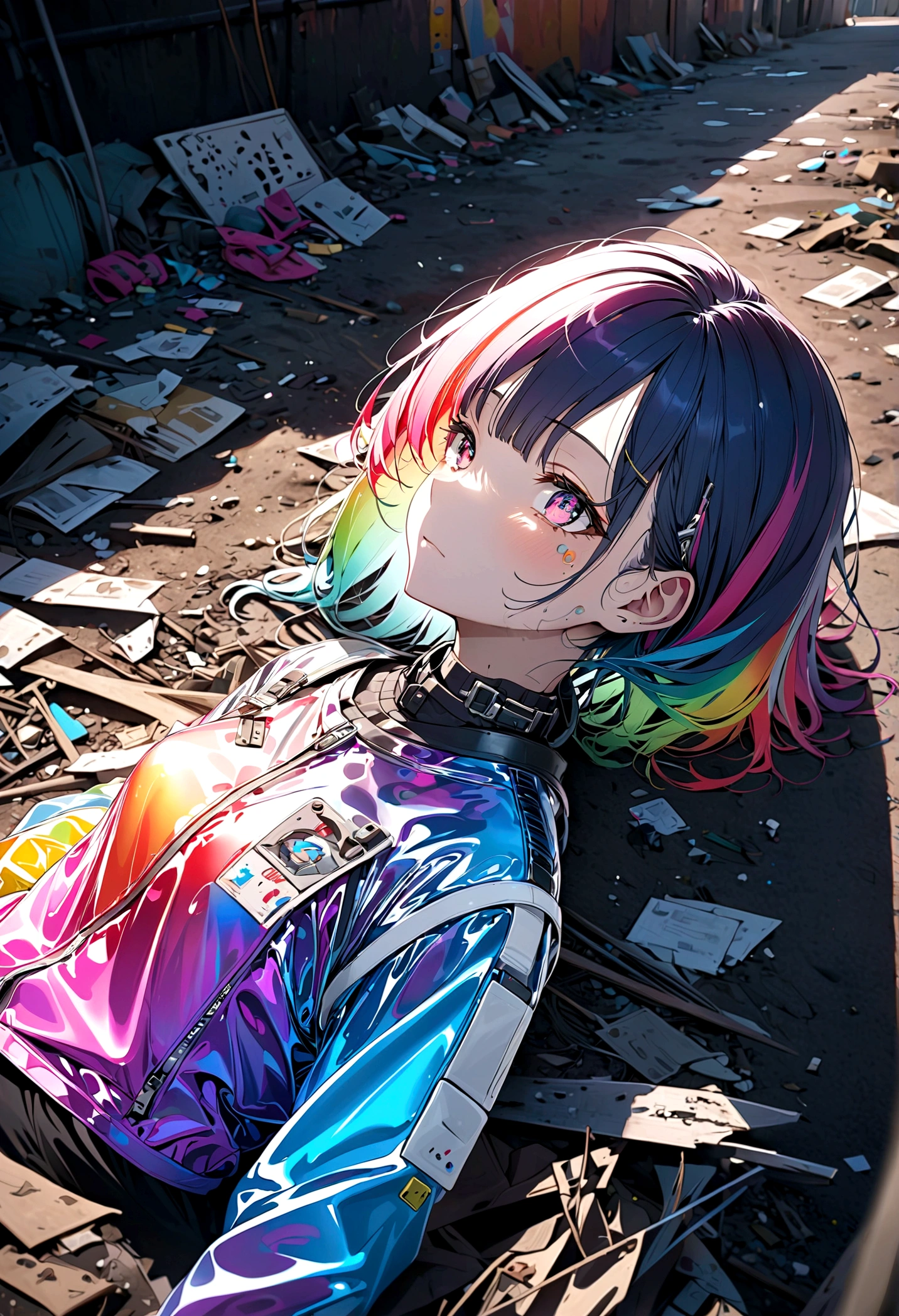 A dilapidated girl robot in a landfill, (Back View), damaged body, scars and holes, lying on the ground, 8K, (dynamic perspective), clear focus, (depth of field, shot: 1.3), super punk scene, movie lighting, reflective transparent rainbow transparent jacket, transparent long rainbow RGB hair, (masterpiece, best quality), from above, upper body,