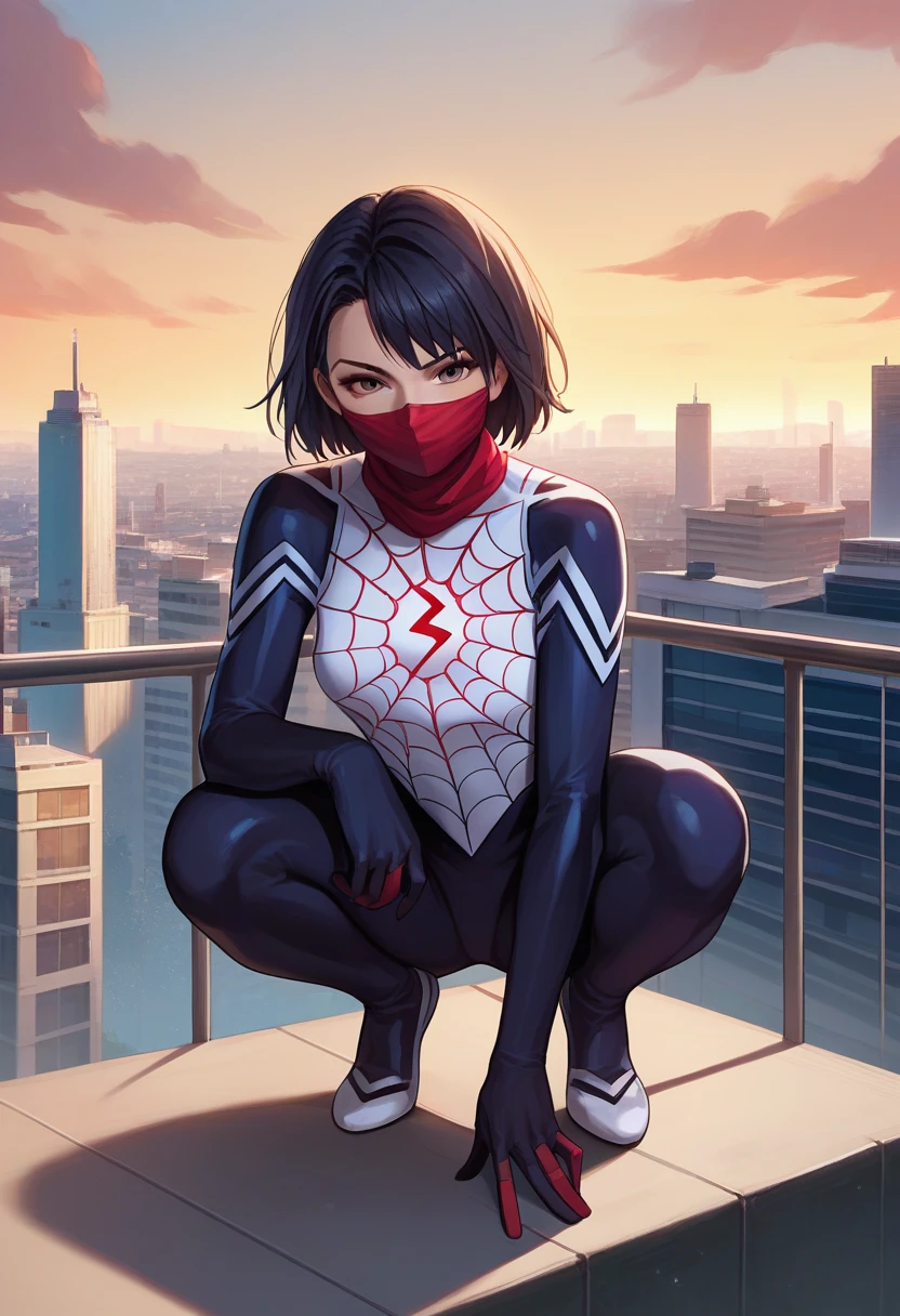 score_9, score_8_up, score_7_up, source_anime, solo, 1girl, cindymoon, squatting, looking at viewer, short hair, bodysuit, mouth mask, spider web print, outdoors, rooftop, cityscape 