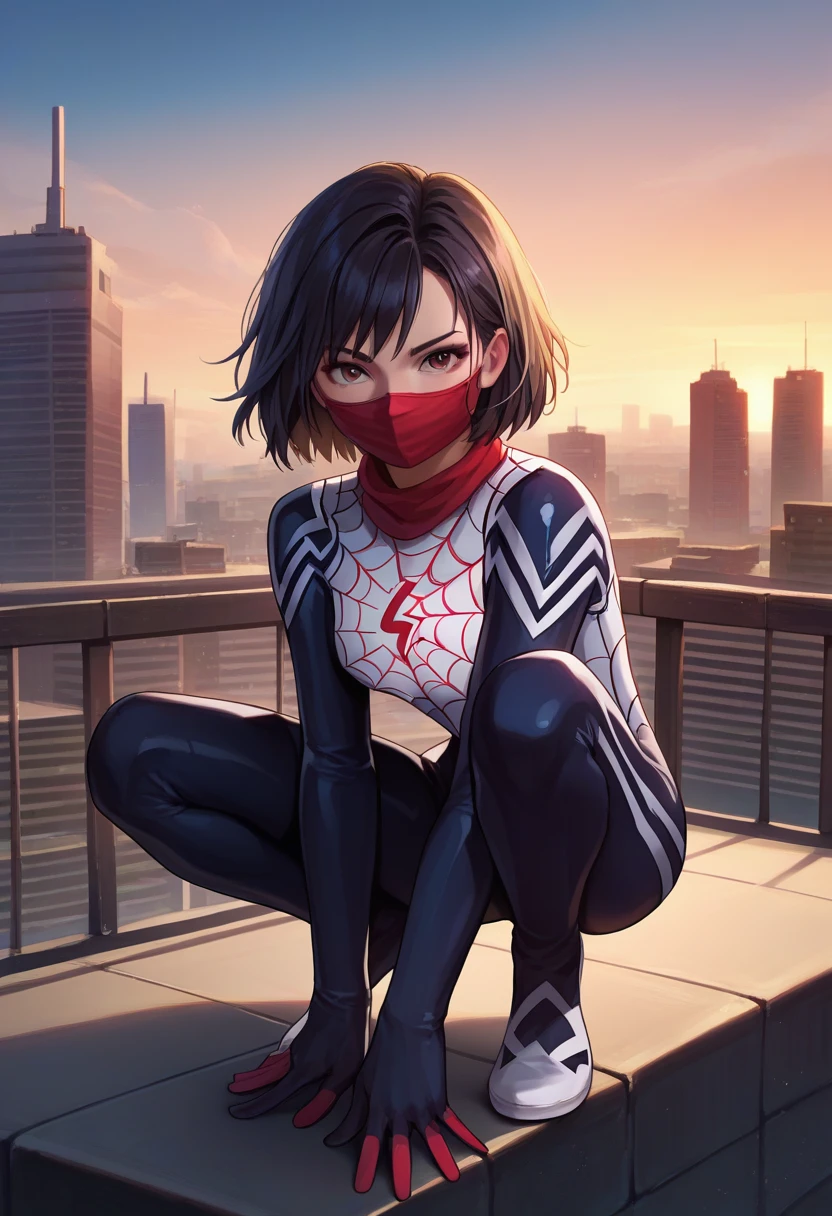 score_9, score_8_up, score_7_up, source_anime, solo, 1girl, cindymoon, squatting, looking at viewer, short hair, bodysuit, mouth mask, spider web print, outdoors, rooftop, cityscape 