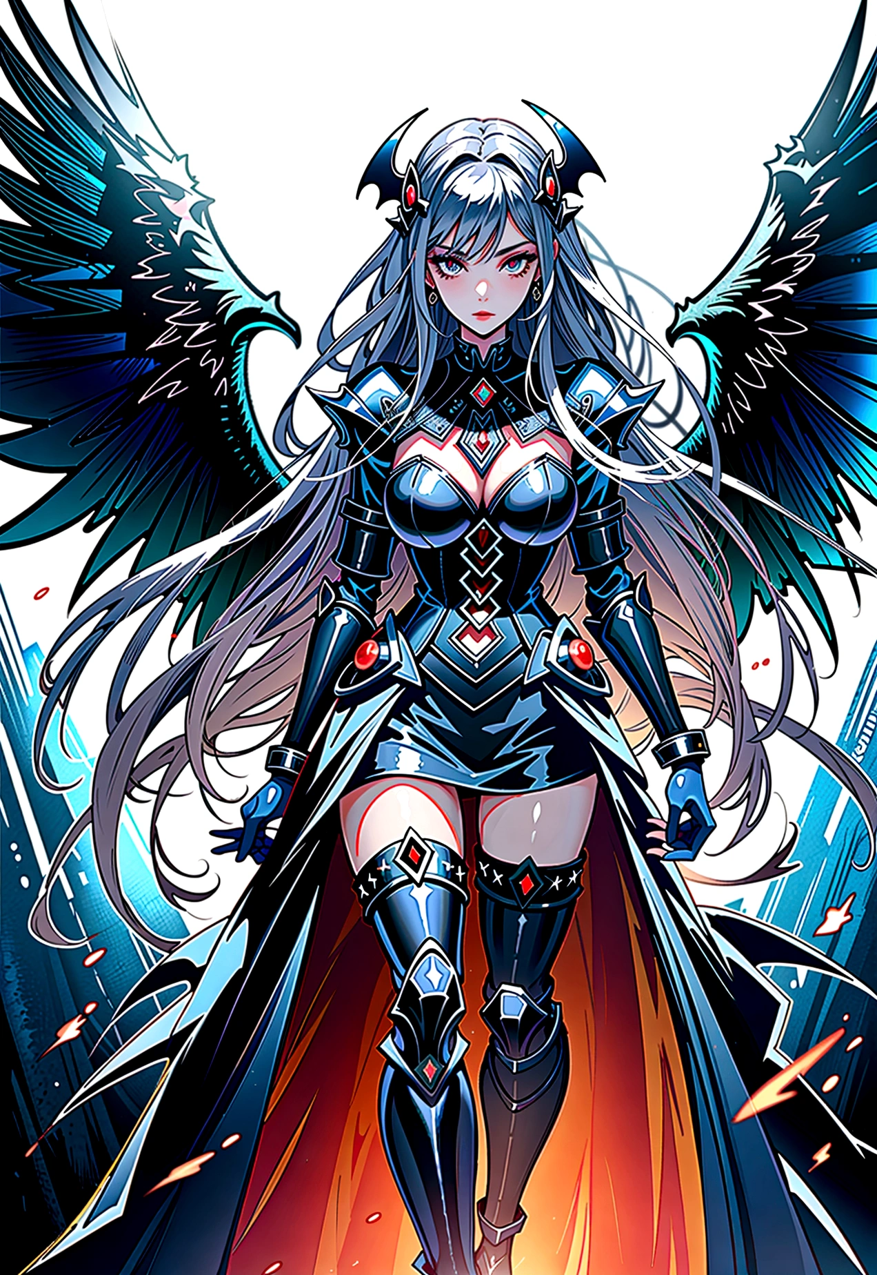 queen power armor , (gothic style), full body view , bellybutton, The most beautiful and sexy demon goddess, long white hair, glowing red eyes, wearing detailed black gothic battle armor, black angel wings, tattoos and piercings, gothic castle, perfect masterpiece, high quality, high resolution