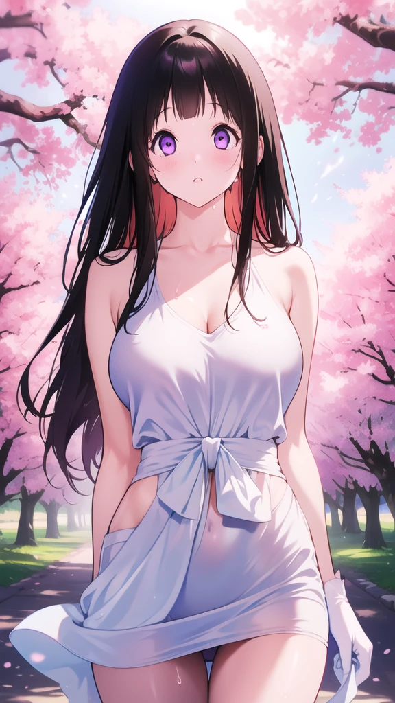 Amazing Chitanda, There is only one beautiful girl,Purple Eyes, Black Hair, Very red face,Very white skin,Glowing skin,Skin as delicate as porcelain,Naturally straight hair, Straight bangs,Extremely refined,Open lips,Long flowing hair,Beautiful Girl, Like a dream,Slim,Slim waist,Soft, (Sensual), (Kawaii), Dream quality,Beautiful big breasts,Show your armpits,Areola,Completely naked,White gloves,Flower decoration,Deep V neckline,Loose neckline,Wide neckline,Walking in school,Place your hands on your inner thighs,Sweaty and sweaty,Next to the cherry blossom trees,Back to,Lean over,Hips,Side body,Gluteal groove,Completely naked的臀部,Bare back,Completely naked的背部,Light transmission,no pants,pussy juice,Bare shoulders,Bare neck,Exposed collarbone,Exposing breasts,Exposing breasts侧面,Show your waist,Show your buttocks,Show your thighs,Exposing the groin,No pants,extremely shy,Ultra-high resolution, (masterpiece:1.2, best quality), (Delicate and beautiful eyes: 1.2), (Beautiful and delicate face)
