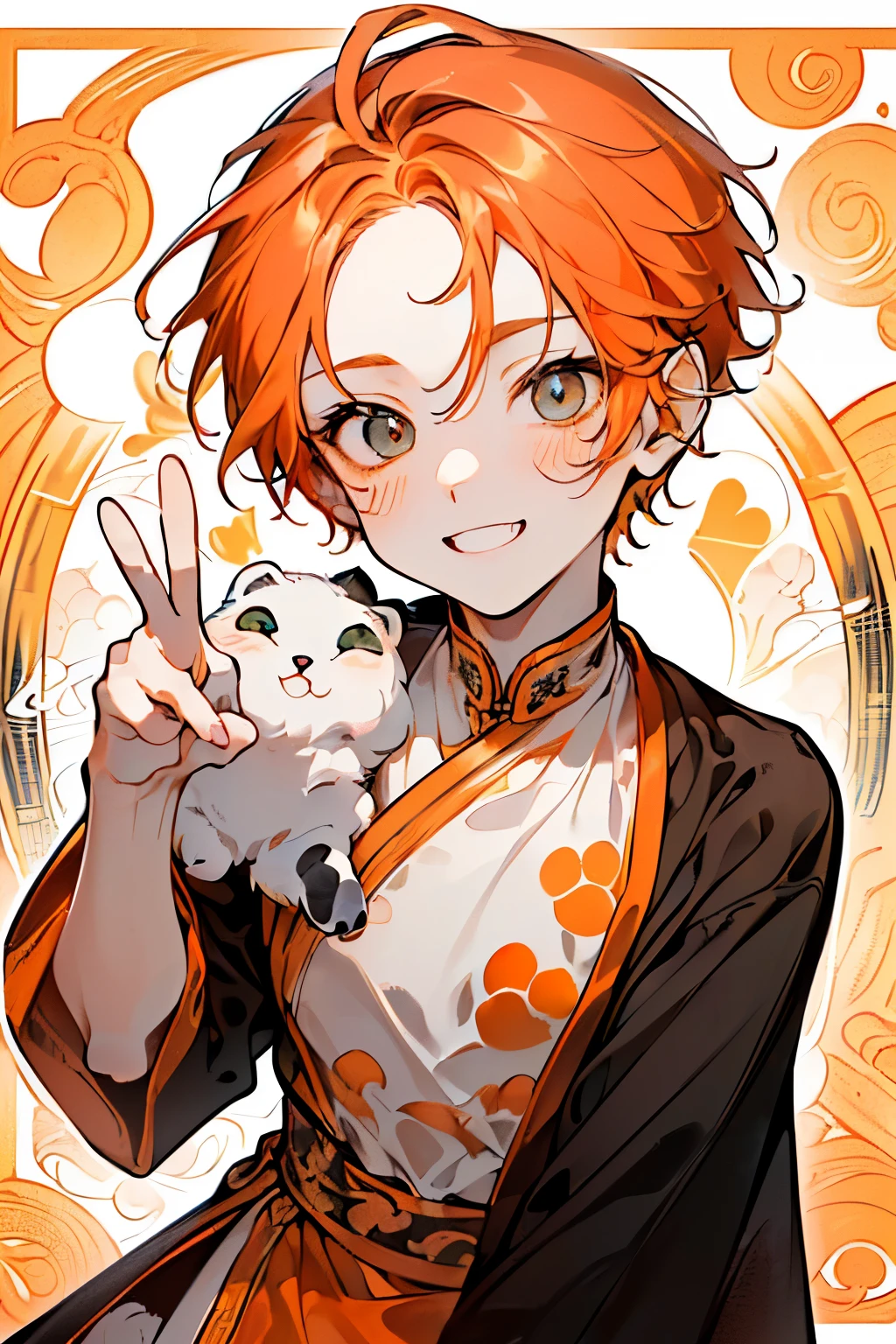 ,(((men's:1.3))),((淡いorange hair:1.3)),(Shiny marble eyes:1.45),(forehead mark),(NSFW:1.05),((very short hair:1.2)),((drooping dog ears:1.2)),(A lustrous, soft face:1.4),((blush、Mischievous Smile、Excited face:1.2)),((head down:1.3)),((double peace:1.5)),((POP and cute animal footprint background:1.25)),((Gorgeous Arabian costume:1.3)),(black、yellow、white、pink),((Shrugging:1.2))