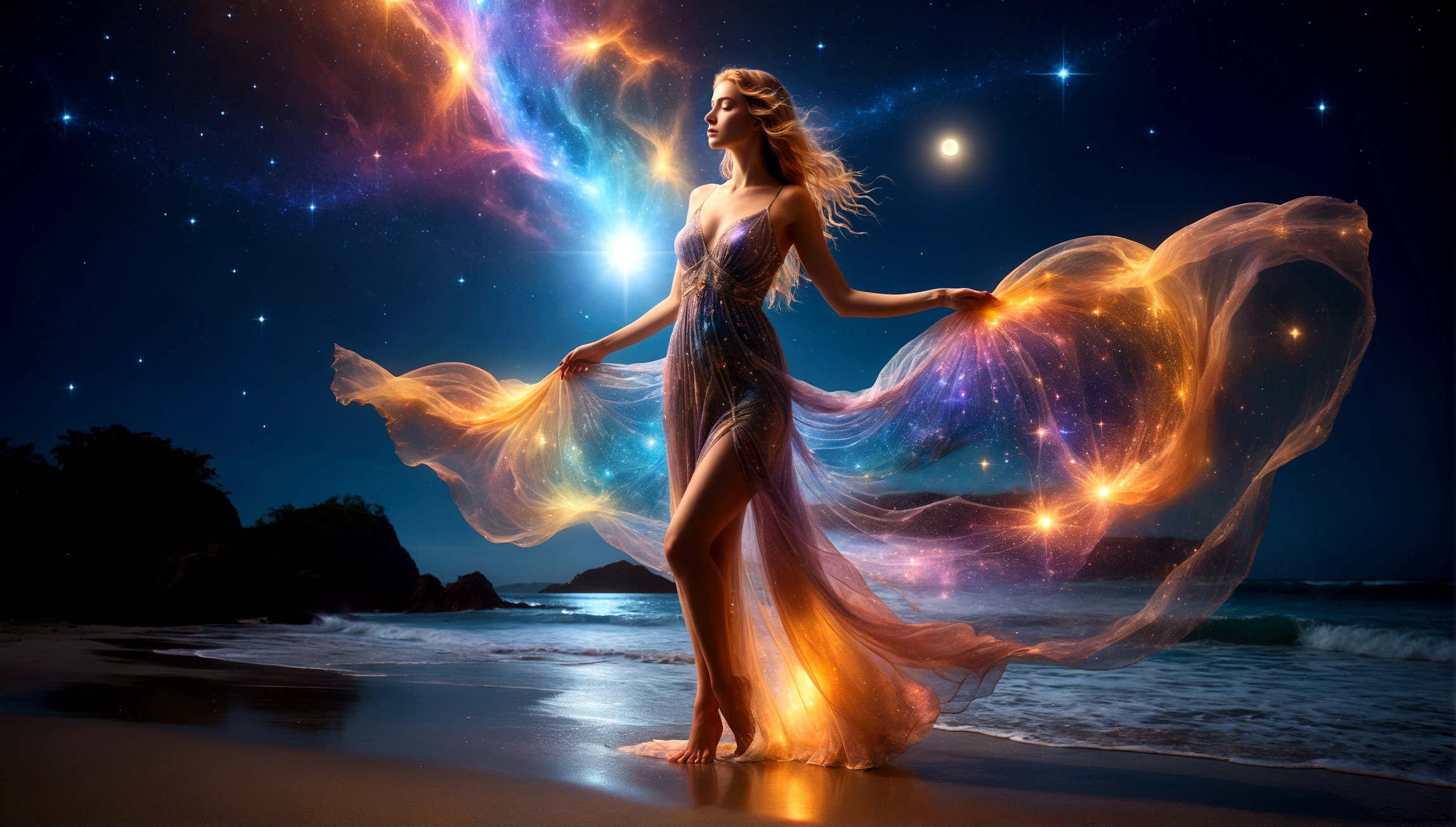 A mesmerizing scene unfolds before your eyes as you gaze upon a hypnotic eye blending into a star-studded sky, dotted with nebulae and cosmic dust. Beneath this cosmic display, depict a tranquil beach with the surface of the ocean is sparkling, lush and symmetrically reflects the sparkling nebulae and luminous astral bodies dot. A mystical woman with long flowing hair and a translucent flowing dress, holding a glowing moon above her head against a backdrop of a starry night sky and a calm beach with the sun setting on the horizon. She is surrounded by luminescent star-like sparkles, suggesting an ethereal or magical presence. The scene exudes a dreamy and cosmic atmosphere.