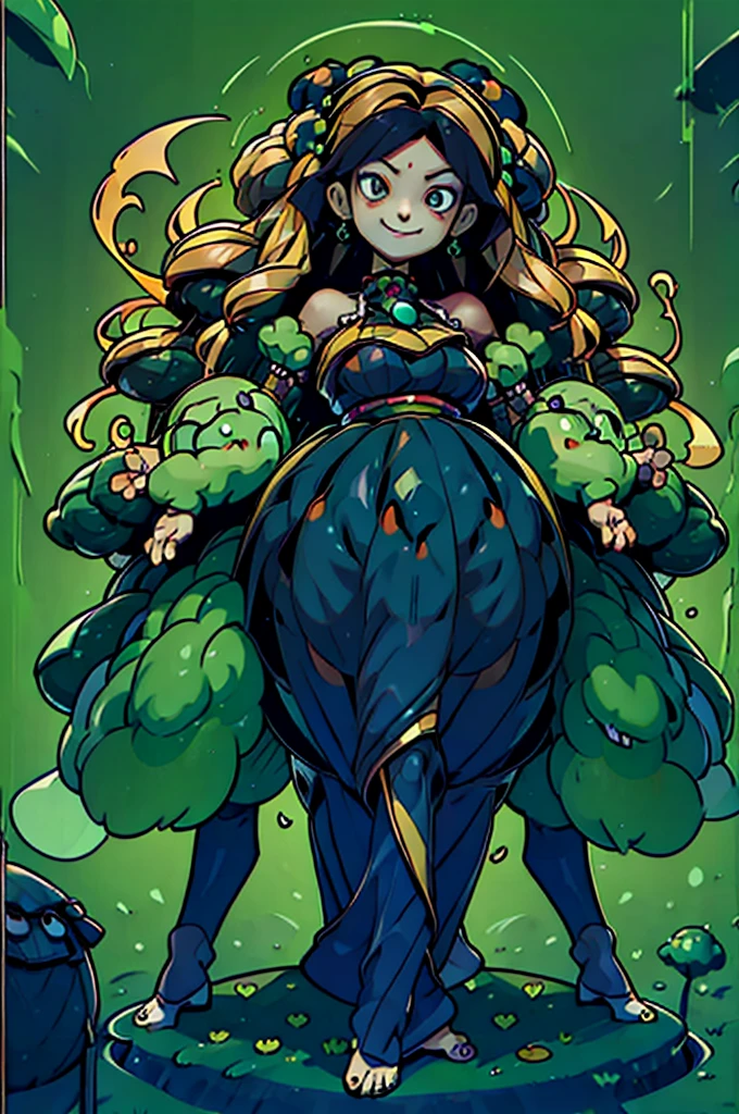 ((Masterpiece)), (((Top quality))), ((Ultra definition)), ((High quality face and limbs)), ((Arachne)), 1girl, sweet kind arachne girl, alone, young, soft little kid, 10 years old, pure youngster, semi human, egipan, monster musume, half spider body, spider legs, spider with big long legs and long arms to help it look scary, bright blonde long hair, green skin, green clothes, dress of spiderwebs, big green innocent eyes, smiling with delight, arachnid style, background filled with insects, main character, boss style, hades style, hadesstyle, hades2style, hades 2 style, Arachne, Arachnea, silk weaver, insects crawling, Tartarus background, background with beetle patterns, spider patterns, web patterns, centipede patterns