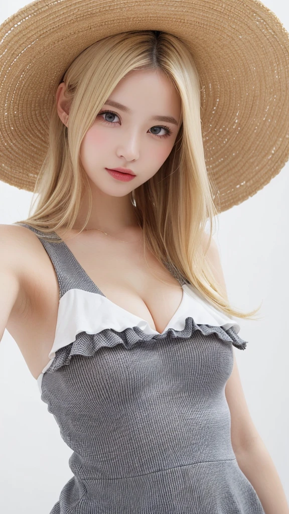 (((forehead、Blonde、Northern Europe、White、beautiful girl、Blonde、White background、sexy、Straw hat、one piece、summer)))、table top, highest quality, figure, super detailed, finely, High resolution, 8k wallpaper, Perfect dynamic composition, detailed and beautiful eyes, Deco out,blonde, medium hair, super big breasts, natural color lip,white background, random cute poses,frill dress