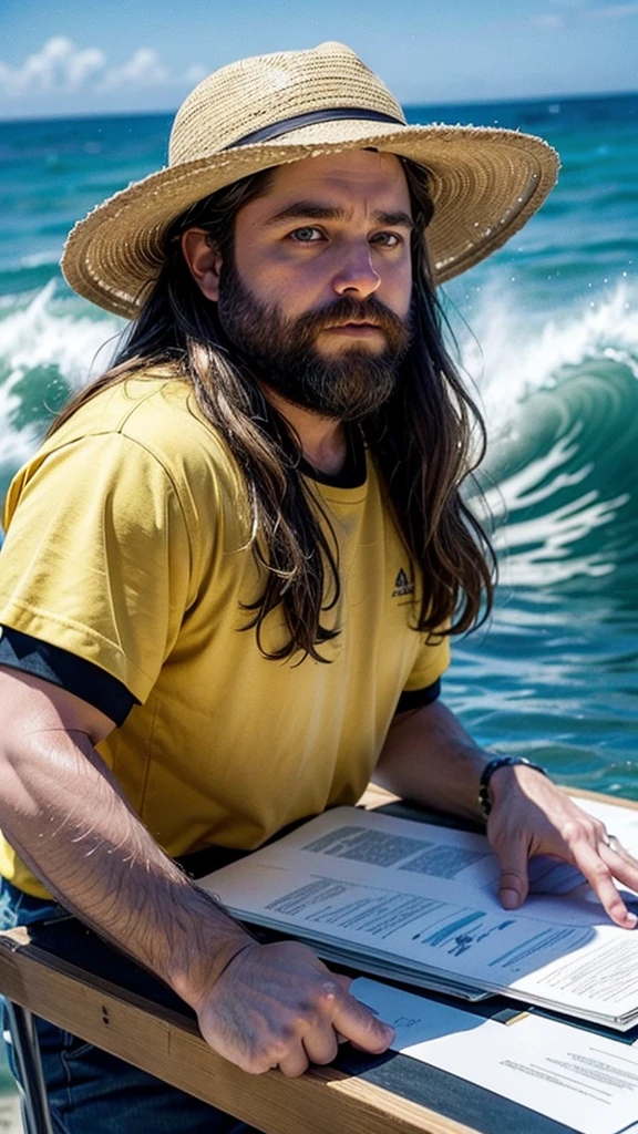 Make me an image of a paparazzi flash photography photo of Zach Galifianakis with long brown wavy hair and in a yellow hat at  an office table with a computer on it. In the background which you can see through the low budget 80s decor, you can see a beautiful blue sky  photo of a wave about to crash on the shore, with people on the beach in the background. The wave is large and powerful, and the people are enjoying the sun and the surf. The photo is taken from a low angle. Flash 1990s posted to reddit in 2017 --style raw --s 0 