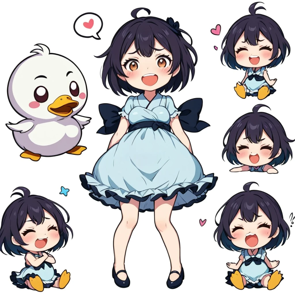 A lovely , screenshot, mori kei, duckcore plush doll art, exaggerated poses, happy, cute, expecting, laughing,
disappointed, exaggerated movements, various expressions and movements, sticker art design, white background, style cute