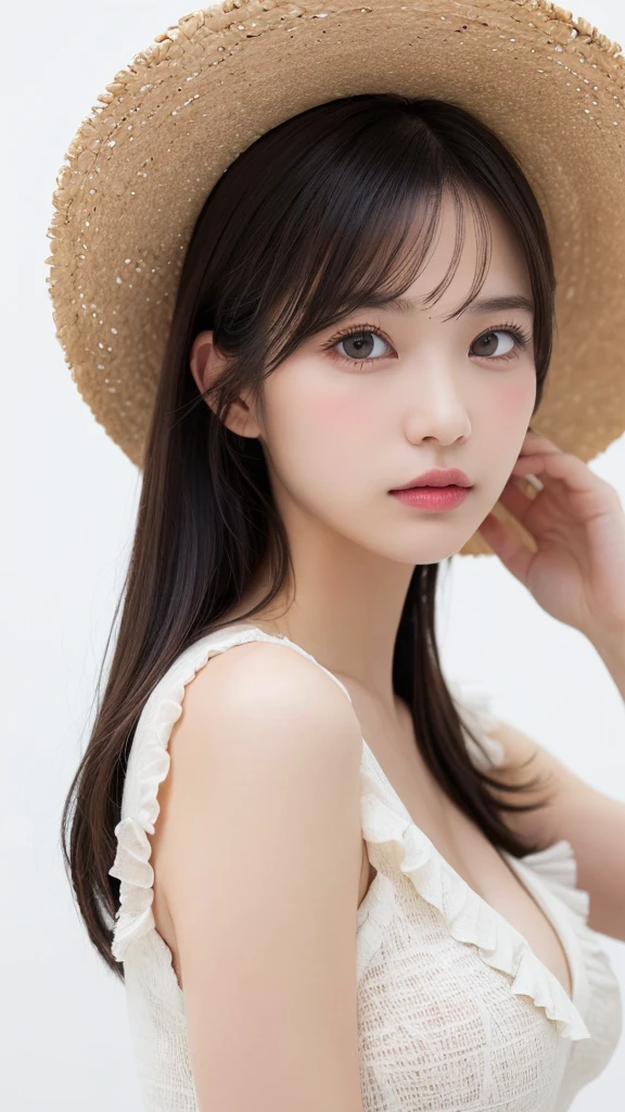(((forehead、Northern Europe、White、beautiful girl、Black Hair、White background、sexy、Straw hat、one piece、summer)))、table top, highest quality, figure, super detailed, finely, High resolution, 8k wallpaper, Perfect dynamic composition, detailed and beautiful eyes, Deco out,blonde, medium hair, super big breasts, natural color lip,white background, random cute poses,frill dress