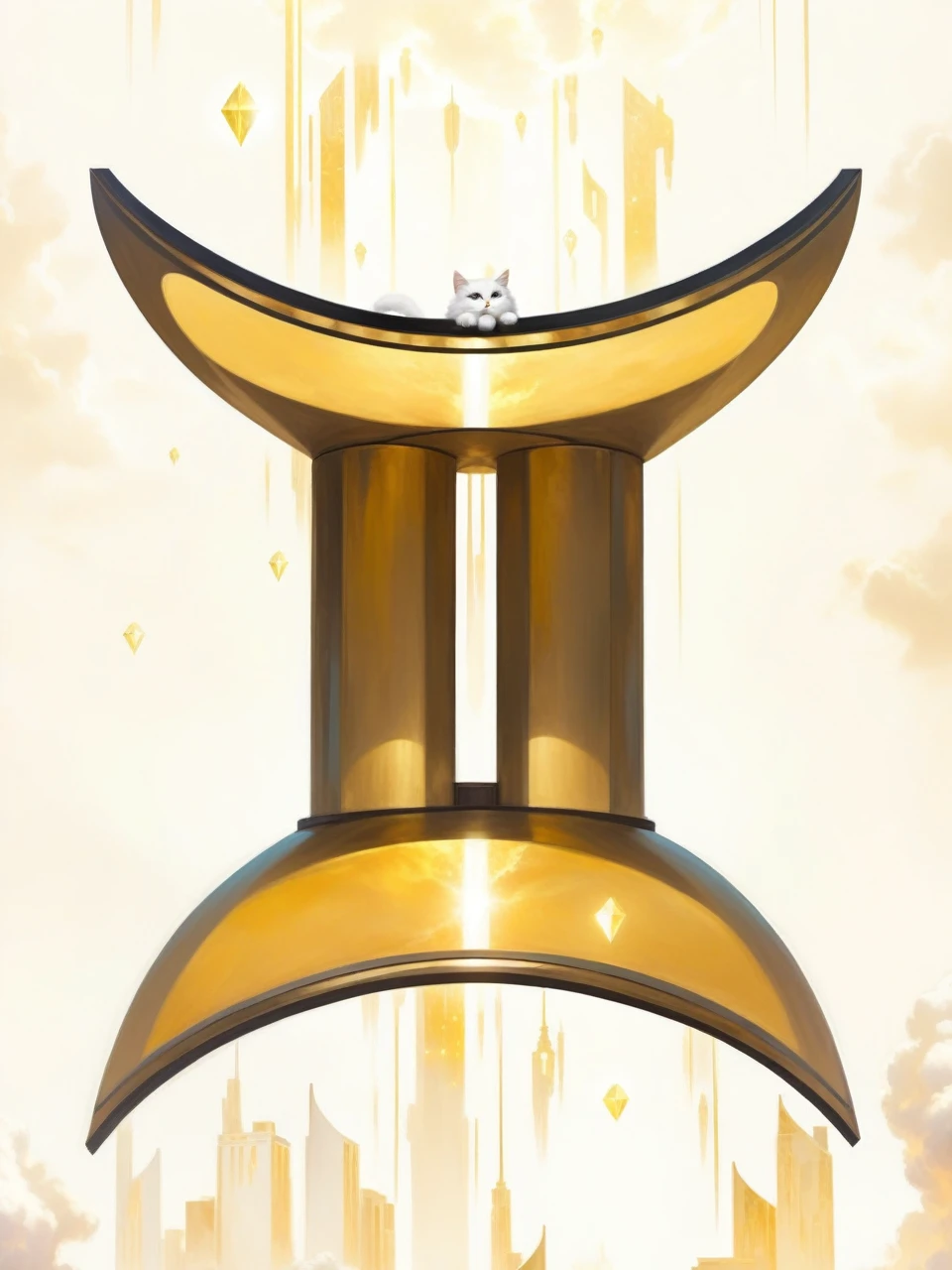8k, Fluffy White Angel cat perched upon golden bejeweled tower in a heavenly utopian city, huge feathery angel wings, glowing nebula eyes, white flowing clouds, ivory armor with diamond gem inlay, trending on artstation, sharp focus, studio photo, intricate details, highly detailed, by tim burton
