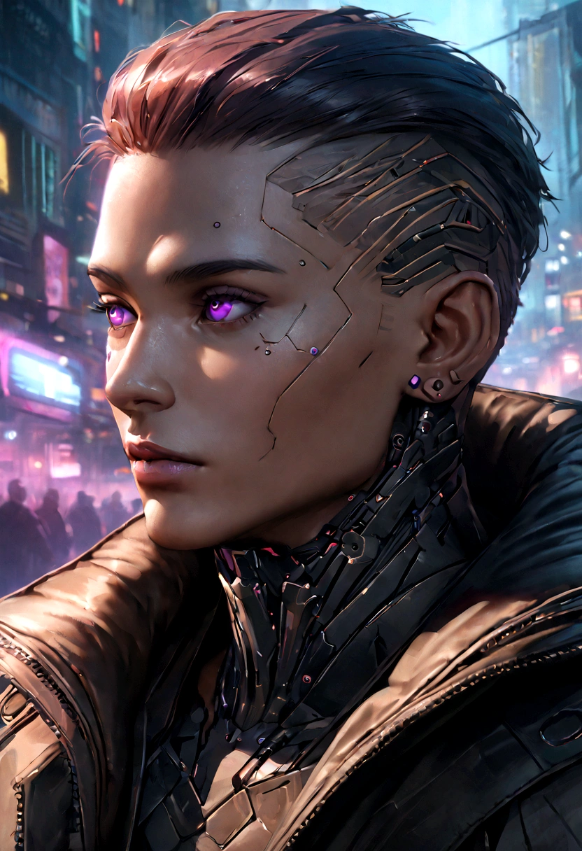 (Best quality, masterpiece, full of details), 1male, official anime art illustration, African American Male with purple eyes, Dark skin man in a leather maroon colored jacket walking down a street, hyper-realistic cyberpunk style, portrait of a cyberpunk man, cyberpunk art ultrarealistic 8k, cyberpunk style ， hyperrealistic, cyberpunk character, trendin on artstation, cinematic full character, trending on artstation 4k, portrait of a cyberpunk cyborg, cinematic realistic portrait, cyberpunk hero perfectly photorealistic, incredibly detailed, 8k, UHD, masterpiece, best quality, ultra detailed, intricate,