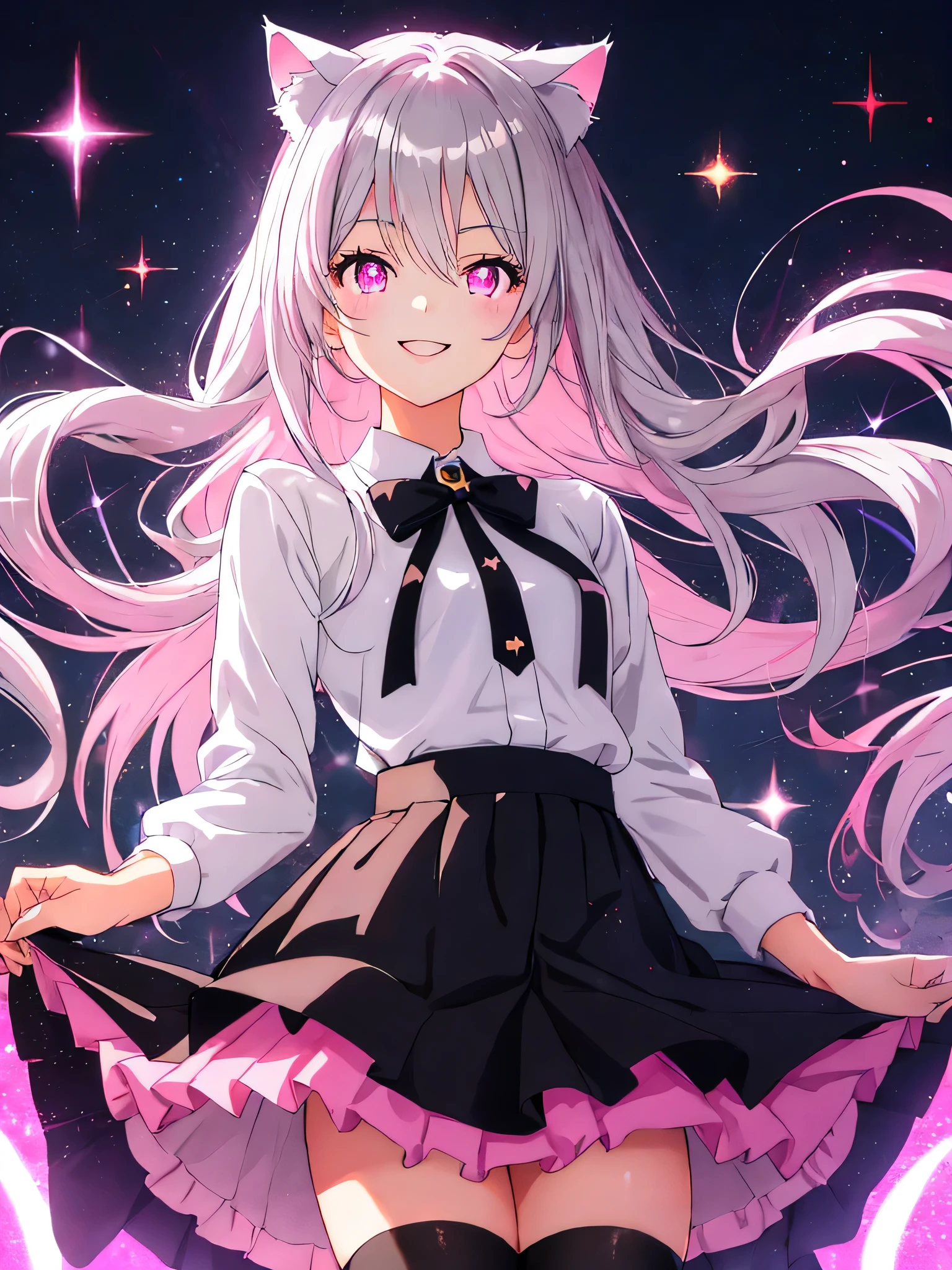 anime,Sparkling eyes,Highlighted eyes,Medium chest,pretty girl,smile,Cat ear,Beautiful silver hair,Pink inside,Beautiful pink eyes,Oversized shirt,skirt,black tights