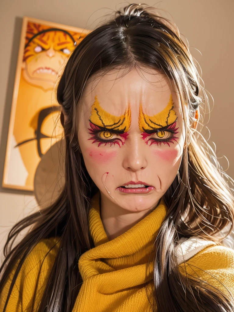 rie,One Woman,(best quality), (ultra detailed), (absolutely resolution),Face is front, 32 years old, Seductive pose, Dolman sleeve top and gaucho pants, The color of the clothes is mustard yellow, The pattern of the clothes is striped, Blonde, (Angry expression:2.0), Modern and stylish bedroom with a Parisian touch