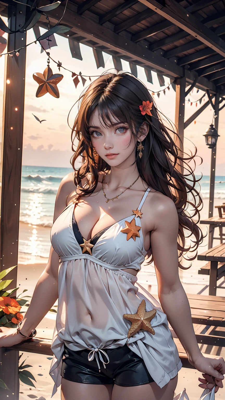 (masterpiece:1.2), (highest quality:1.3), shallow_sunset, One girl, Are standing, cowboy_shot, straw_Have, Swimwear, dress, Shorts, flower, Starfish,