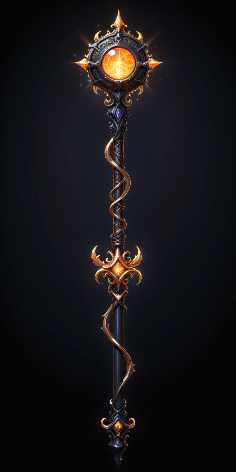 pixel art, cartoon illustration, Divine glavie greatstaff, Powerfull Magical theme, simple black background, RPG game icon 