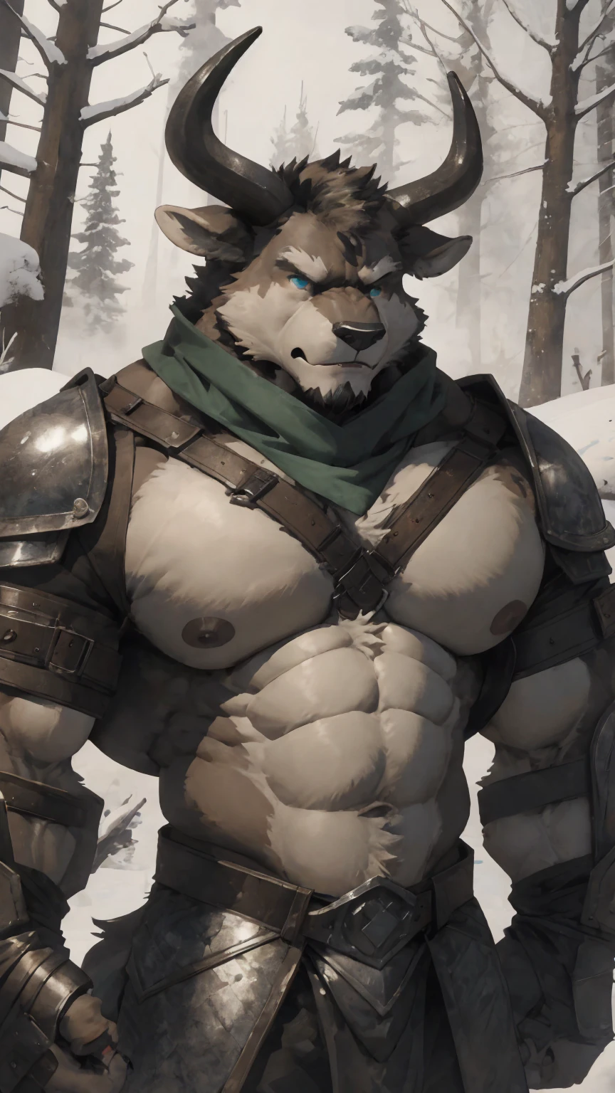 Minotaur, solo, muscular, perfect_eyes, perfect_face, abs, big_chest,wide_body, muscular_arms, winter, snow_forest_background, solo, minotaur, angry, half_body, close_up, manly, man, muscular, brown_horns, big_eyes, bara_body,hyper_muscles, hyper_chest, hyper_muscular_body, huge,forest,snowy_forest, armor_pants, half_body,closeup, medieval_armor ,iron armor,armor,canines, moth_closed, angry,serious, HD, 4k, high_detailed_background, wide, wide_body, strong_body, muscular_body, visible_abs, leather_harnes, metal_armor, abs,big_pecs, visible_pecs, huge_body, warrior, confident,mane, hyper_body, hyper_torso, green_scarf, green_long_scarf, perfect_eyes
