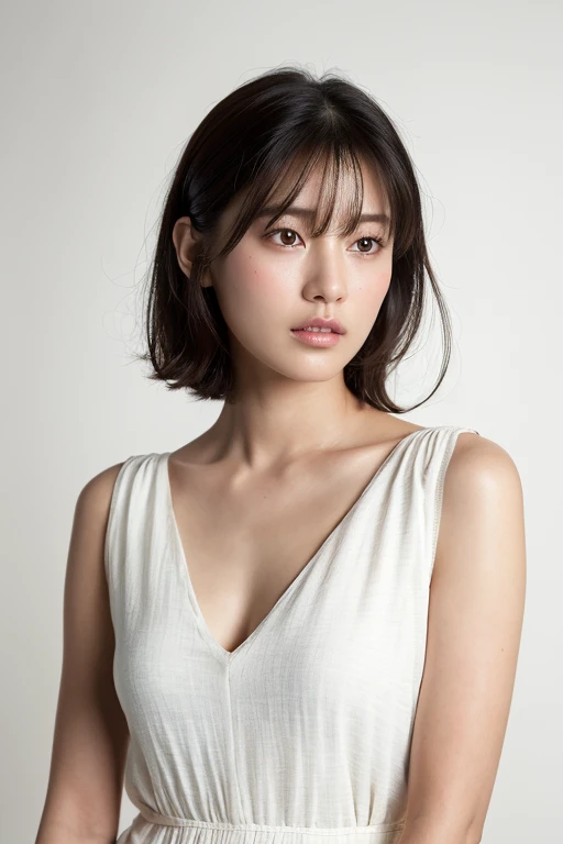 ((8K:1.27)、top-quality、masterpiece、超A high resolution:1.2)Photo beautiful Chinese woman(pleasing:1.1) (White shirt:1.21) Design by Gregg Lutkowski and Alphonse Mucha Intricate Elegance、Fantasia、detaileds、Geometry、Gradient lighting、1girl in、Delicate skin、looking at the viewers、Brown-eyed、(short hair with bangs:1.2)、(Medium chest:1.0)、(medium areola:0.8)、(realisitic:1.4)、(top-quality:1.0)、(超A high resolution:1.0)、8K、Raw photography、(masterpiece:0.2)、(pureerosface_v1:0.5)、 White clothing、cowboy shot、