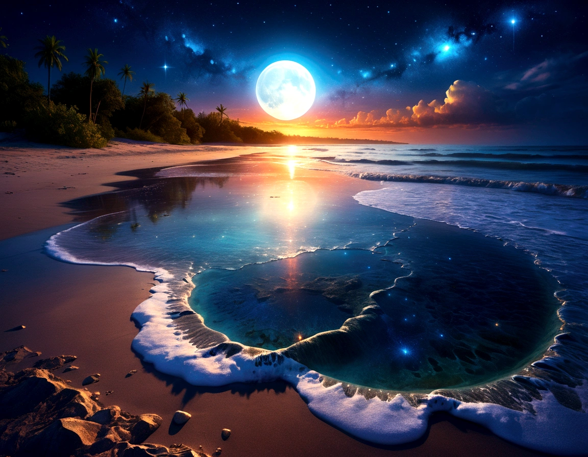 art by Phil Koch, Meghan Howland blue moon Digital ral-epochelves surreal image of a summer landscape after sunset luminism representing a vast cosmic eye dominating the night sky, surrounded by a network of stars, nebulae and cosmic dust, Beneath this cosmic spectacle, depicts a tranquil beach with the surface of the ocean is sparkling, lush and symmetrically reflects sparkling nebulae and luminous astral bodies point. Realism: complex background, dynamic lighting, digital painting, intricate details. The overall style should be dreamlike and fantastical, with a touch of realism in the details.