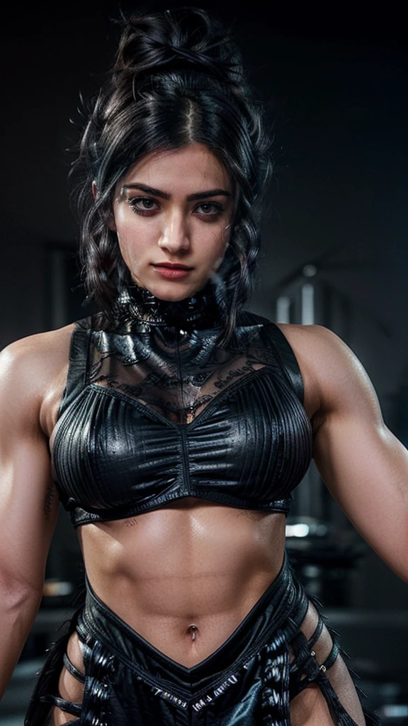 An award-winning photo，A beautiful, hot, goth, muscle mommy, woman，Beautiful eyes and, Messy bun, disheveled black hair, dominating character, High contrast, Beautiful eyes, absurderes, 8K, (High quality:1.3), artstation hd, concept-art, Detailed face and body, Award-winning photography, sexy revealing outfit 