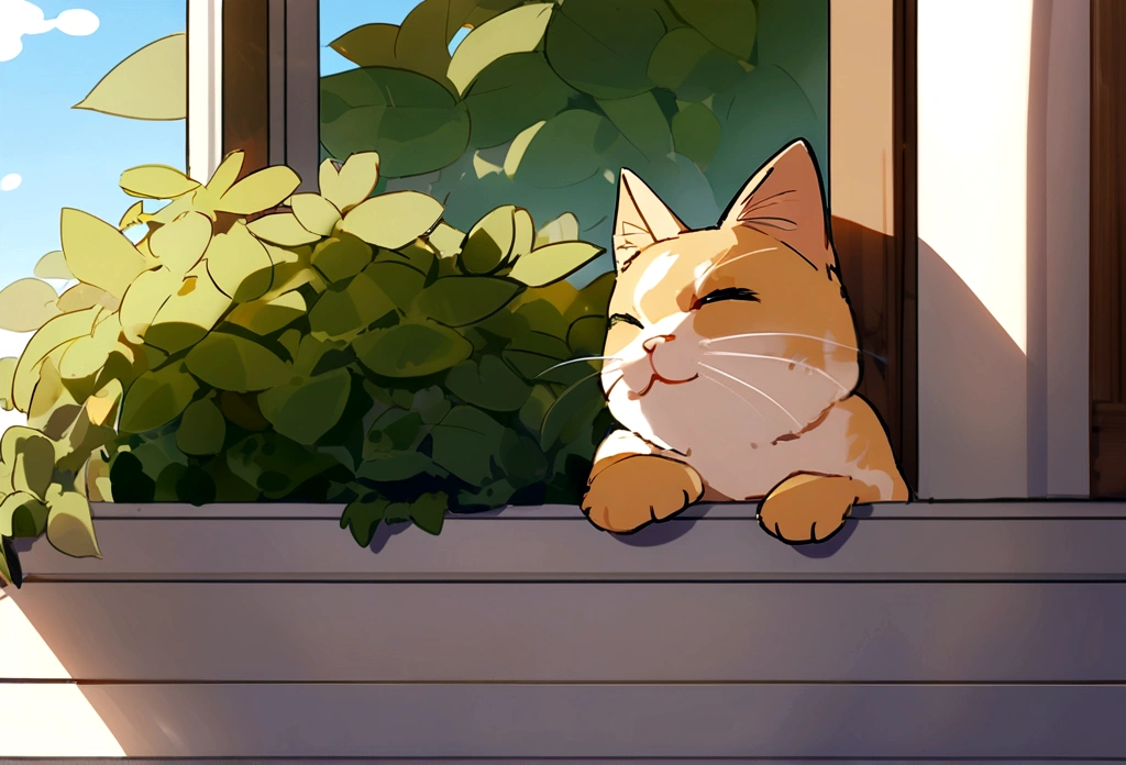 Raising a lazy cat sleeping on a windowsill near the garden on a sunny day