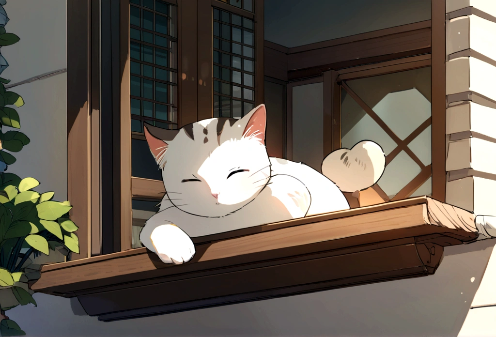 Raising a lazy cat sleeping on a windowsill near the garden on a sunny day