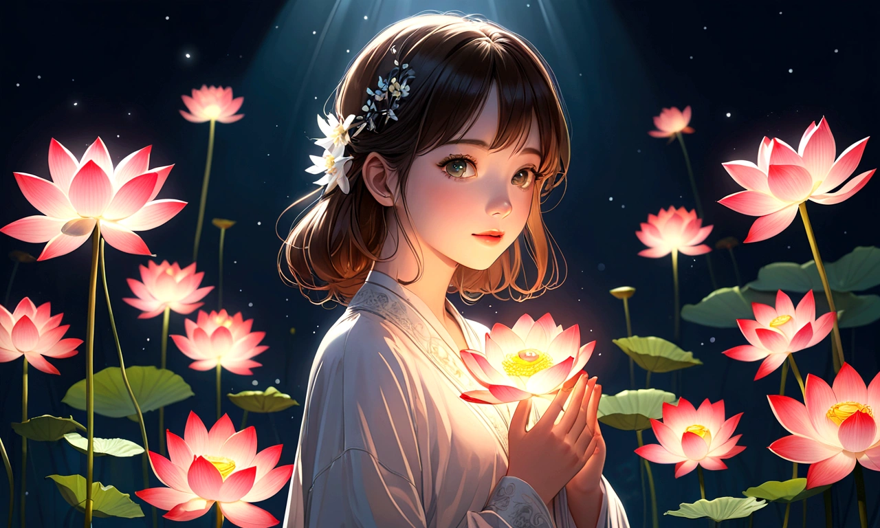 masterpiece, best quality:1.2), Digital Art Style, Charming illustrations,Peace Pictures，1 girl, beautiful eyes，Tall lotus，hand，Solitary，Body Glow，glowing line，Fluorescence,Glow Example，Sample trace，flash，萤Light Particles，Backlight，translucent，Light Particles，Correct human anatomy，
