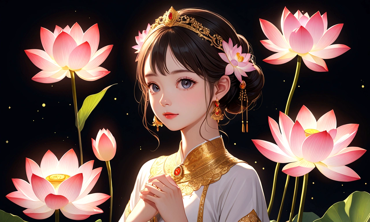 masterpiece, best quality:1.2), Digital Art Style, Charming illustrations,Peace Pictures,1 girl, beautiful eyes,Tall lotus,hand,Solitary,Body Glow,glowing line,Fluorescence,Glow Example,Sample trace,flash,萤Light Particles,Backlight,translucent,Light Particles,Correct human ???????,