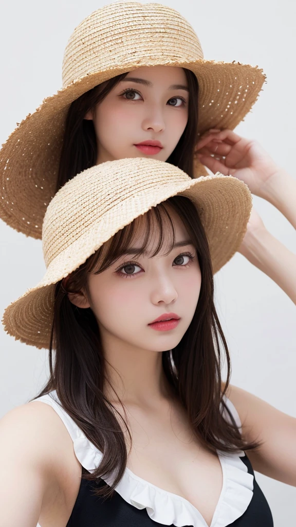 (((forehead、Northern Europe、White、beautiful girl、Black Hair、White background、sexy、Straw hat、one piece、summer)))、table top, highest quality, figure, super detailed, finely, High resolution, 8k wallpaper, Perfect dynamic composition, detailed and beautiful eyes, Deco out,blonde, medium hair, super big breasts, natural color lip,white background, random cute poses,frill dress