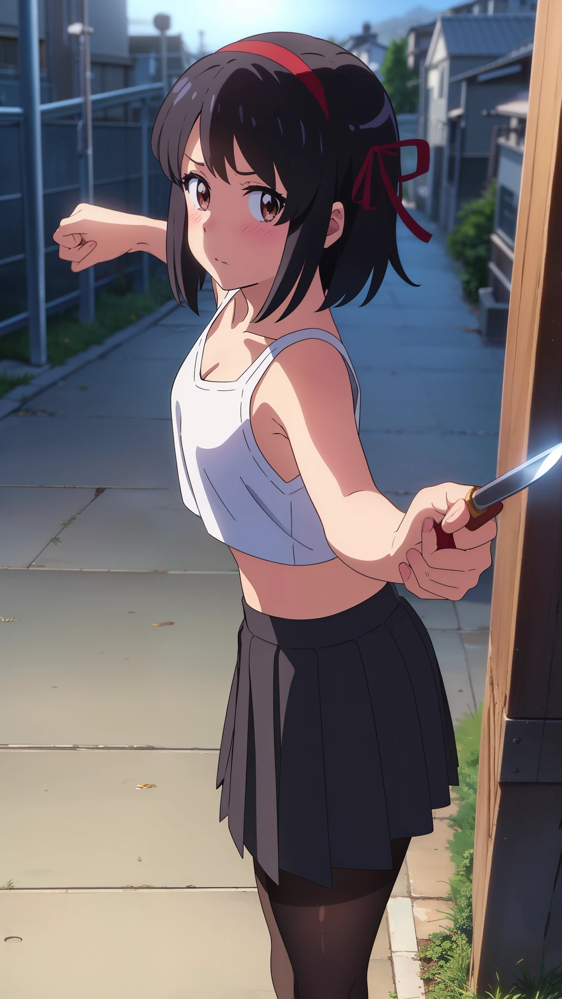 shinkai makoto, kimi no na wa., 1girl, bangs, black hair, blush, brown eyes, white crop top, bare shoulders, black pleated skirt, black pantyhose, red headband, red ribbon, short hair, cute, solo, looking at viewer, outdoors, alley, night, nightview, fighting stance, knife, (holding knife in hand:1.2)
