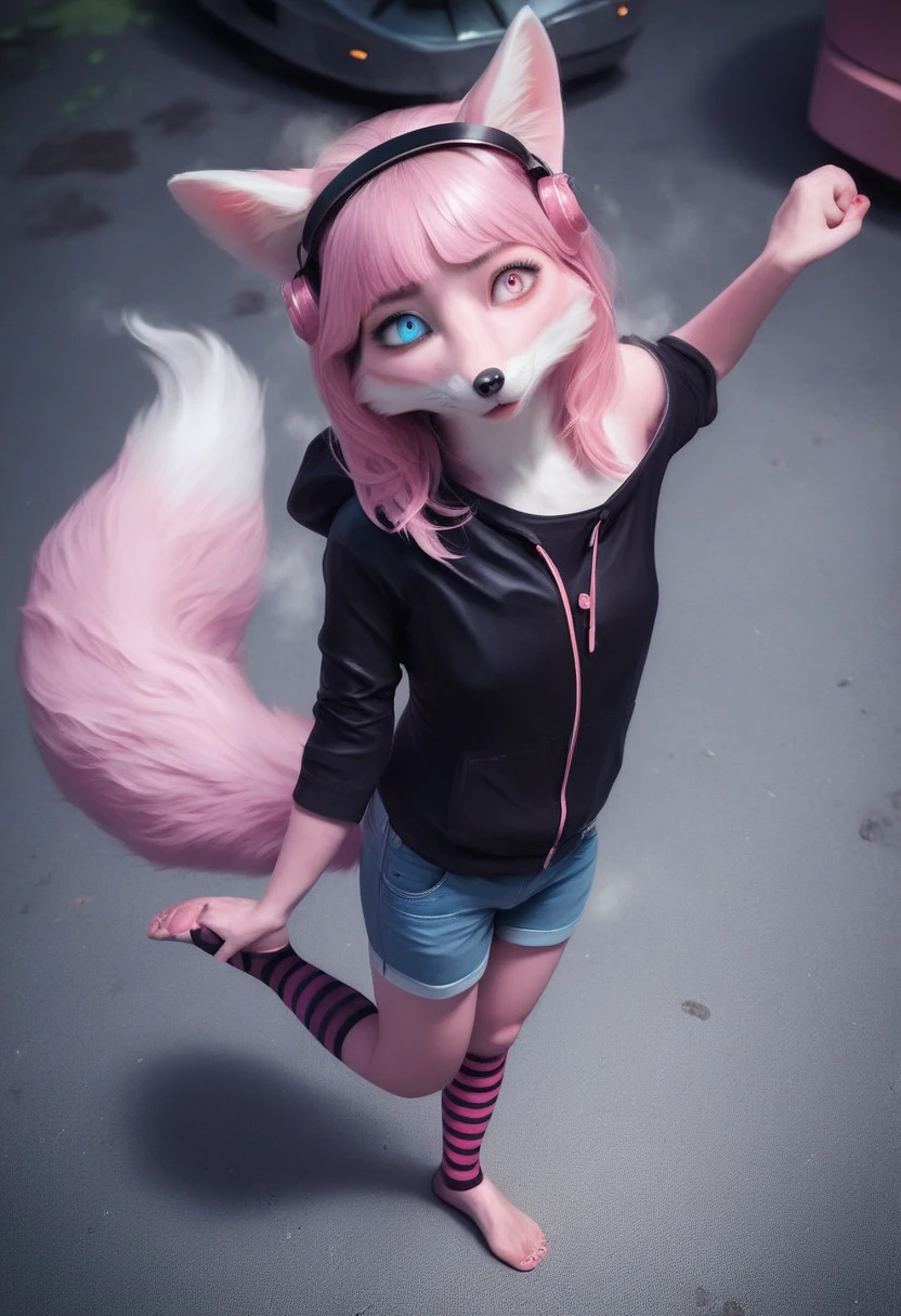 score_9,score_8_up,score_7_up,score_6_up,score_5_up, source_furry, anthro, hadrian,from above,fisheye,standing and show foot,shanding and show sole,standing on one leg,foot focus,sole,barefoot,no shoes, (best quality,4k,8k,highres,masterpiece:1.2),ultra-detailed,(realistic,photorealistic,photo-realistic:1.37),Kawaii, pink striped Fluffy Fox, Pink hair, Blue Eyes, heterochromia, Solo, body fur, in ruined city, Mechanical nanoskin, nakeness, cybernetic prosthesis, mechanical legs, mech suit, black reotard, pink over-the-knee socks, long moe sleeve loose off-the-shoulder blouse, long hood jacket, kitty headphones, paw_sloe,sharp_toenails, pawpads, shorts, steaming and sweat feet, stinky feet