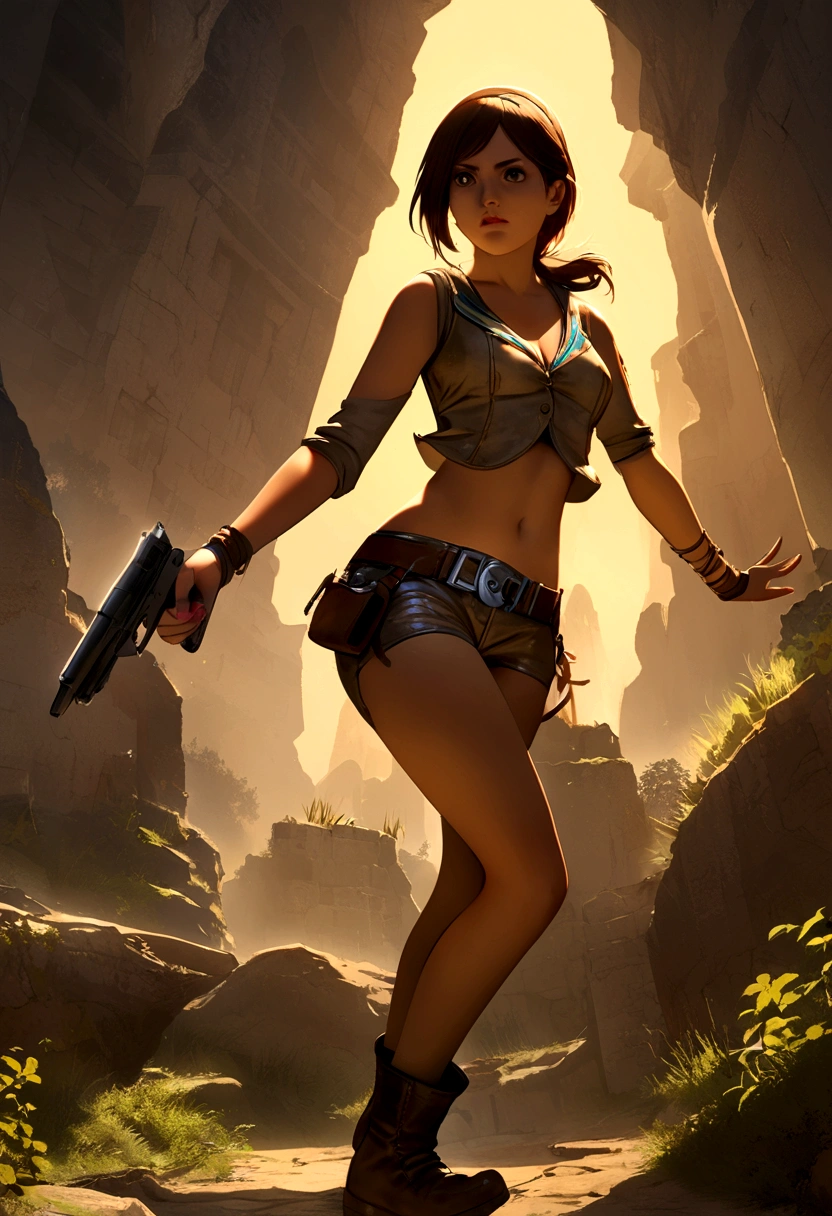 Lara Croft from the game Tomb Raider in the 60s in France with her two pistols emblematic of the game.