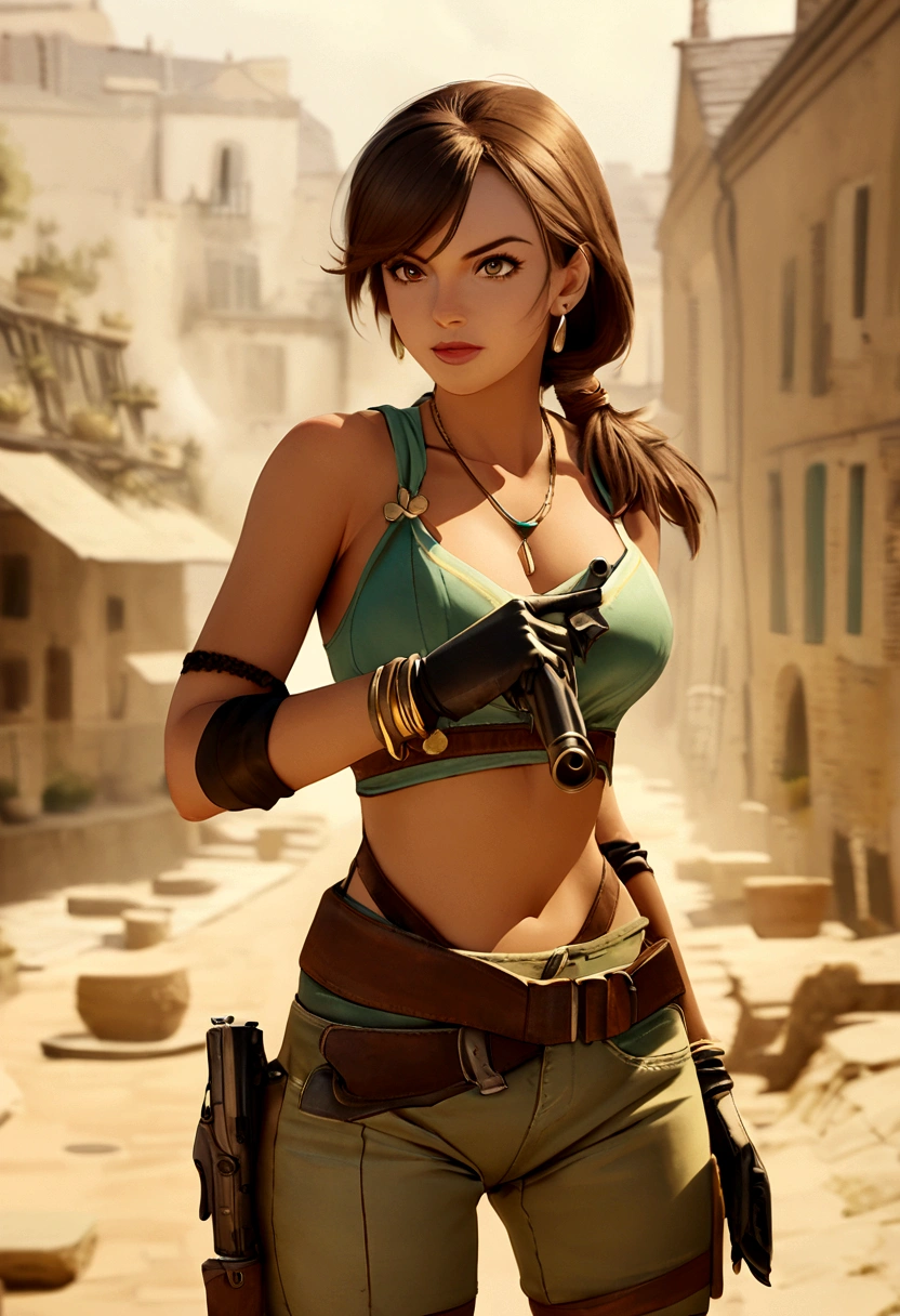Lara Croft from the game Tomb Raider in the 60s in France with her two pistols emblematic of the game.