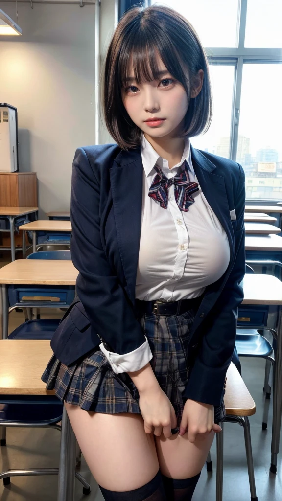 masterpiece, best quality, illustration, Super detailed, fine details, High resolution, 8K,wall paper, perfect dynamic composition,(Details High quality, realistic depiction of eyes:1.3), from side, High School Classroom、High school girl uniform、blazer 、Super Short Check Uniform Skirt、Navy blue high socks、garterbelts、Colossal tits、Disturbed uniform, short bob hair, black hair color, huge breasts, Big Natural Color Lip, bold sexy pose, (perfect body shape), crying a little、Harajuku style、20 year old girl、 beautiful legs, hposing Gravure Idol, Voluptuous thighs