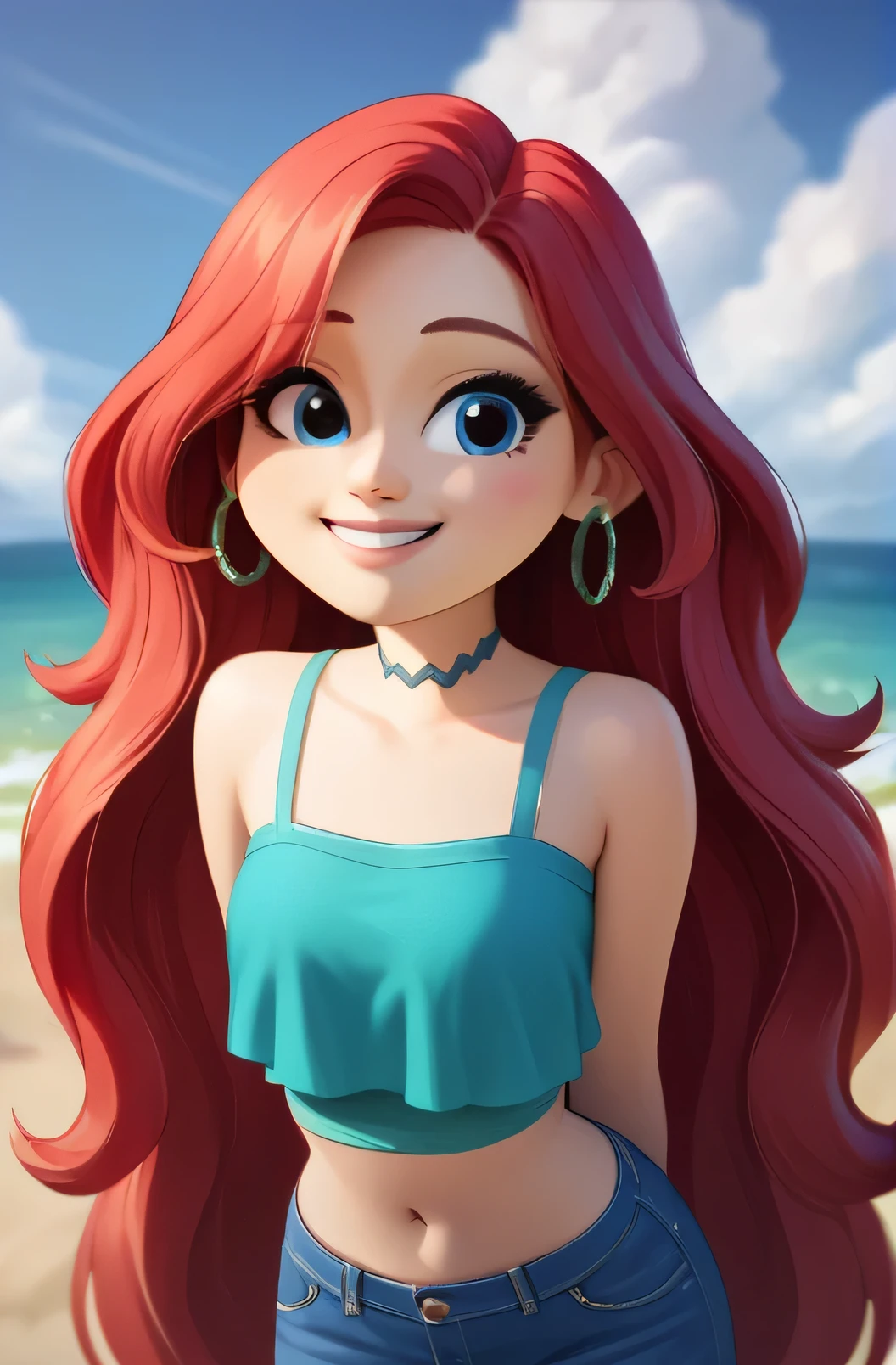 masterpiece,best quality, highly detailed, score_9, score_8_up, score_7_up, score_6_up,source_anime, BREAK chelsea, 1girl, midriff, upper body, choker, smile, jewelry, very long hair, leaning forward, red hair, earrings, pants, blue eyes, white-skinned female, arms behind back, aqua ruffle crop top, denim, blue nails, jeans, hoop earrings, blue pants, beach background,