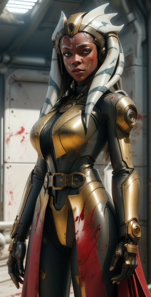 1 girl, solo, (look at viewer), ((Best quality)), ((masterpiece)), (detailed:1.4), ((upper body)), 3D, an image of a beautiful cyberpunk female,HDR (High Dynamic Range), Ray Tracing,NVIDIA RTX,Super-Resolution,Unreal 5,Subsurface scattering,PBR Texturing,Post-processing,Anisotropic Filtering,Depth-of-field,Maximum clarity and sharpness,Multi-layered textures,Albedo and Specular maps,Surface shading,Accurate simulation of light-material interaction,Perfect proportions,Octane Render,Two-tone lighting,Wide aperture,Low ISO,White balance,Rule of thirds,8K RAW, (((blood eyes))), , mechanical parts ahsoka, (dark skin:1.2), blood eyes, , medium breasts, bloodgold/black bodysuit, belt, (( bloodgold amor)) joints, body suit