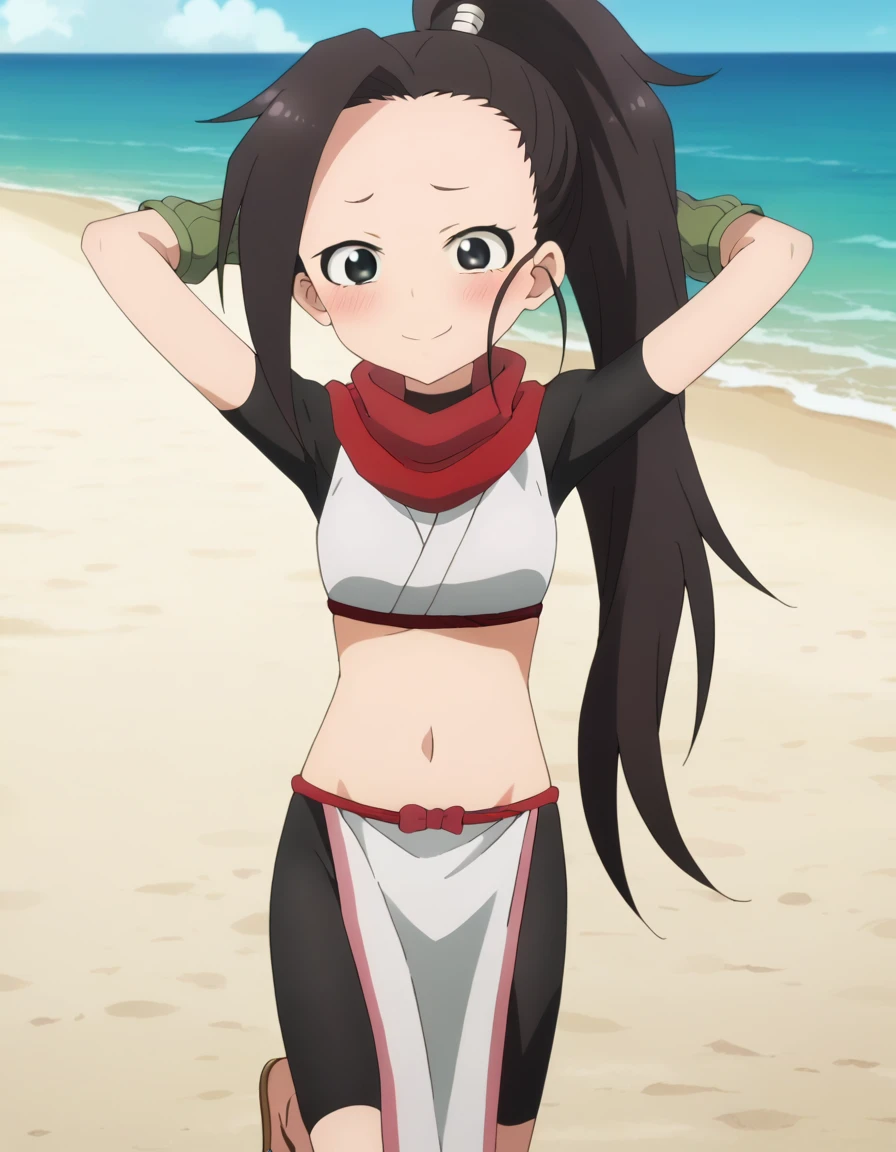 anime coloring, anime screencap, source_anime, anime,uncensored ,BREAK1girl,kunotsubaki, black eyes, black hair, long hair, asymmetrical bangs, forehead, high ponytail, ponytail,shirt, navel, red scarf, scarf short sleeves, pelvic curtain, shorts, green gloves, arm warmers, fingerless gloves, sandals, BREAK, high quality, solo, 1girl, night sky, beach, arms behind head, contrapposto, closed mouth, spread armpits, (cowboy shot:1.5), looking at viewer, nervous, smile, best quality, blushing,