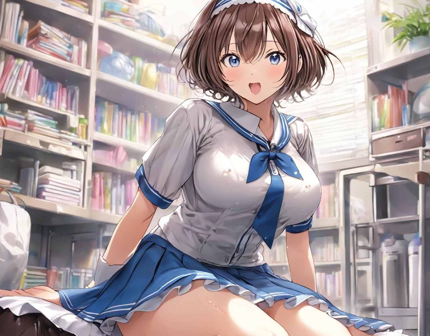 A manga girl is wearing a maid outfit and peering into the frame.、As big as it appears on the screen, 1 Gender Girl Girl grows big penis Bulge Girl , Watanabe, Masturbation, alone, Masturbation, chest, skirt, underwear, Inflated panties, rubbing the crotch, Striped pantie, Striped, , Pussy juice, blush, blue eyes, indoor, short hair, skirt lift, Garment Lift, Open your mouth, covered Nipples, Brown Hair, serafuku, Wet clothes, blue panties, machine, classroom, shirt, neckerchief, Wet, pleated skirt, saliva, Nipples,Yu Watanabe,Girl with bulging penis covered under panties spreading legs Futanari