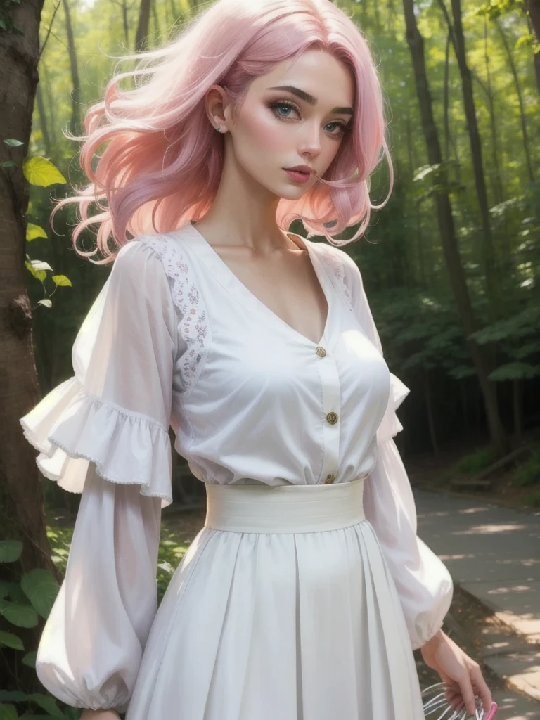 make a woman, with pink hair and white clothes like a breeze from nature