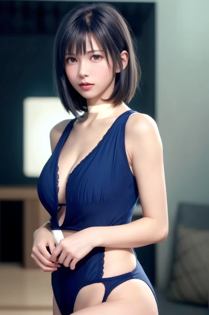8K, of the highest quality, masutepiece:1.2), (Realistic, Photorealsitic:1.37), (super short bangs:1.3), (Blunt Bangs:1.2), (short Horizontal Bangs:1.3), swimsuit, highest quality, masterpiece, (:1.1), pale blue hair, Beautiful young woman, Pensive expression, charming, an inviting look, bob hair, Cinematic background, Light skin tone, dark blue lighting Background, in the cave,
