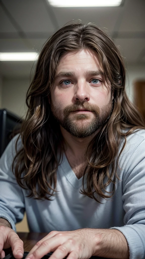 Make me an image of a paparazzi flash photography photo of Zach Galifianakis with long brown wavy hair and at an office table with a computer on it. In the background which you can see through the low budget 80s decor, you can see a beautiful blue sky photo of a wave about to crash on the shore. Flash 1990s posted to reddit in 2017 --style raw --s 0