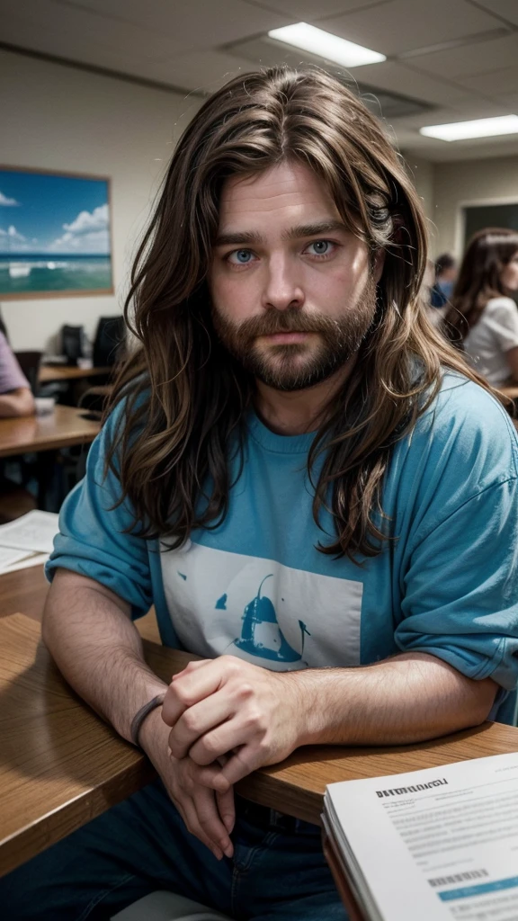 Make me an image of a paparazzi flash photography photo of Zach Galifianakis with long brown wavy hair and at an office table with a computer on it. In the background which you can see through the low budget 80s decor, you can see a beautiful blue sky photo of a wave about to crash on the shore. Flash 1990s posted to reddit in 2017 --style raw --s 0