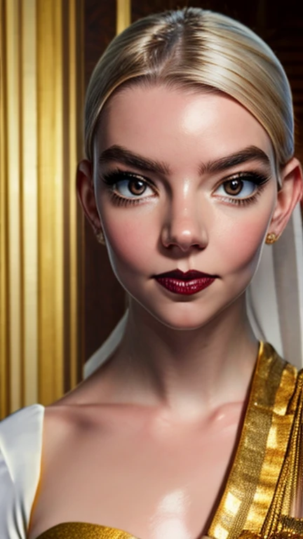 Anya Taylor-joy as a gorgeous Indian Empress wearing ((white and gold Kasavu Saree)); deep cleavage; ((ultra glossy dark red lips)); ((Traditional Indian Makeup)); ultrarealistic ultra white skin, ultrarealistic face; ultrarealistic body; ((ultrarealistic gold ornaments)); ((Ultrarealistic small tits)); (small breasts)); high resolution; detailed skin; ultra detailed eyes; ultra detailed face; ultra detailed lips; 4k resolution; Ultrarealistic Bleach Blonde hair; Ultrarealistic Light Brown Eyes; both eyes are similar, thick eyebrows, heavily oiled white shiny skin, slim athletic body, Ultrarealistic deep navel, Ultrarealistic toned abs, sexy seductive pose, Seductive smile licking her lips, standing; looking at viewer, facing camera; full body photograph, DSLR photo; HDR, super-resolution, maximum clarity and sharpness, rule of thirds, 8k raw, reflections, sharp focus, zoom out focus