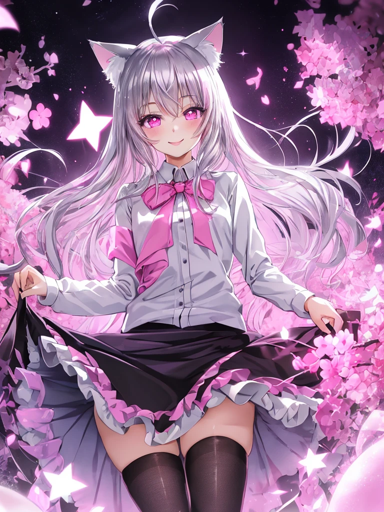 anime,Sparkling eyes,Highlighted eyes,Medium chest,pretty girl,smile,Cat ear,Beautiful silver hair,Pink inside,Beautiful pink eyes,Oversized shirt,skirt,black tights
